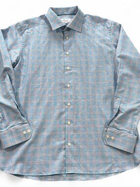 Eton Contemporary Dress Shirt Men's 18 XXL Blue White Glen Plaid Cotton Linen